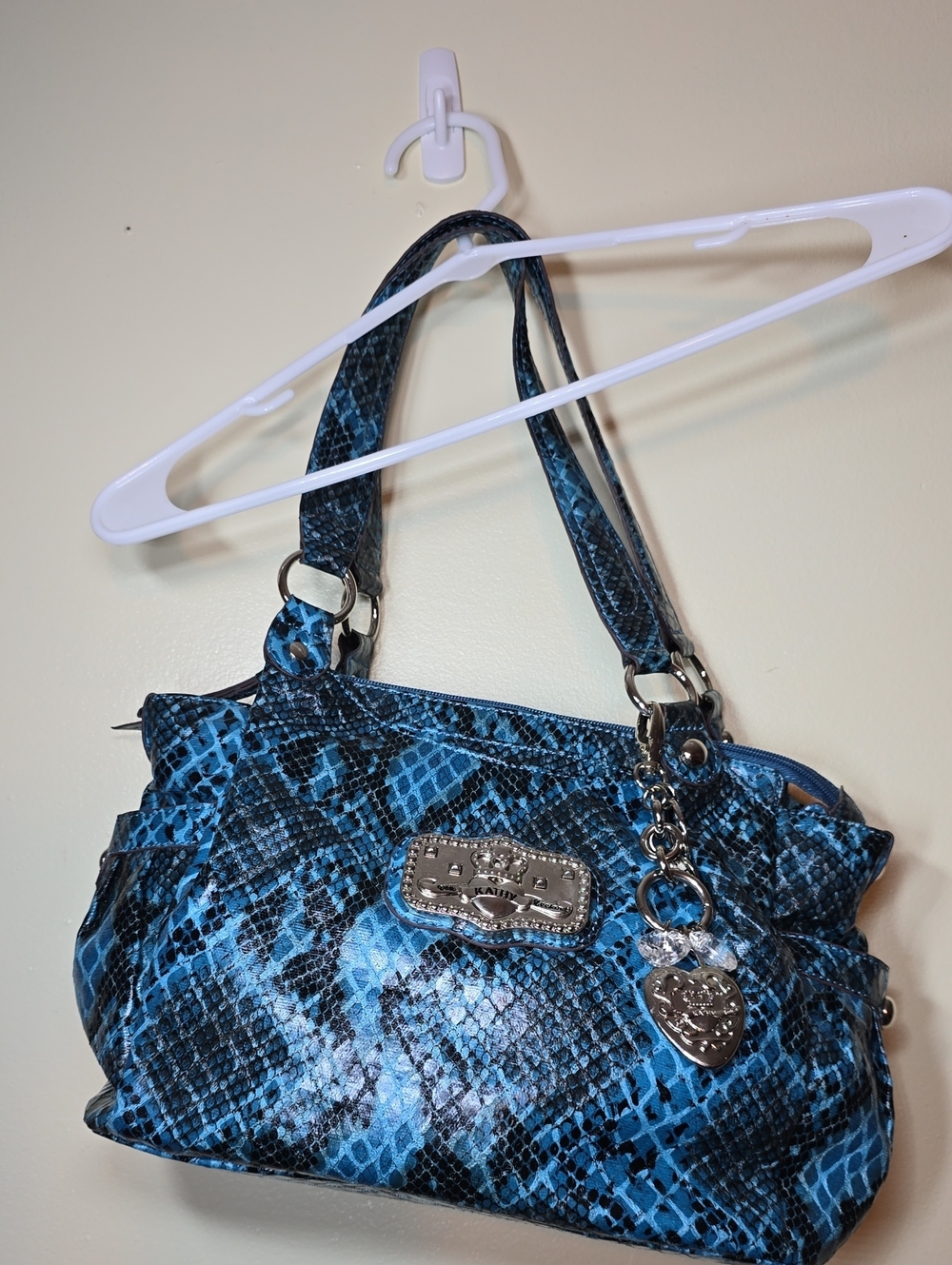 Kathy Van Zeeland Turquoise Blue Snake-Print Shoulder Bag with Heart Charm